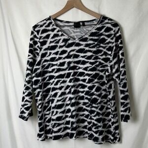 Rafaella Womens V-Neck Long Sleeve Tunic Top Black White Size 3X Casual Layers